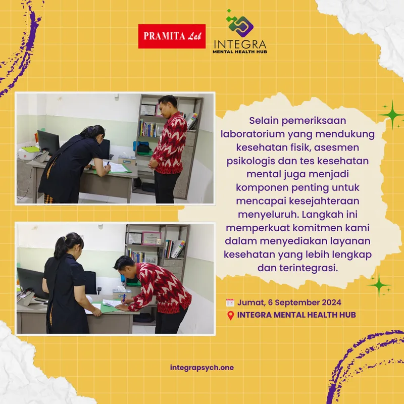 Pada hari Jumat, 6 September 2024.INTEGRA MENTAL HEALTH HUB resmi menjalin kerjasama dengan Pramita Lab. Kolaborasi ini bertujuan untuk mengembangkan layanan kesehatan holistik yang mencakup kesehatan mental dan fisik, sebagai bagian dari visi besar inte