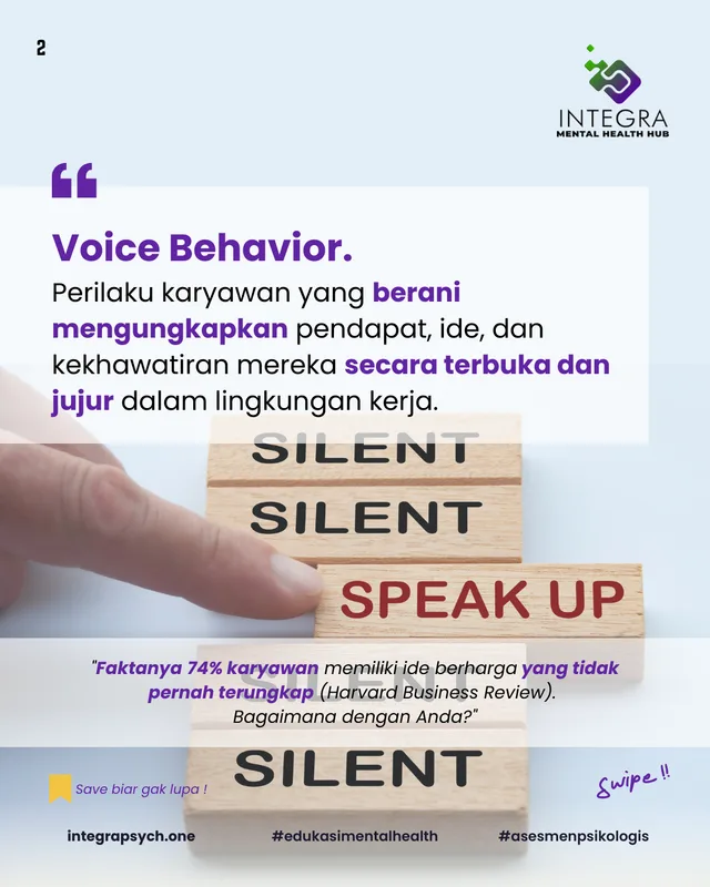 VOICE BEHAVIOR : Merupakan aspek fundamental dalam menciptakan lingkungan kerja yang sehat dan produktif. Dengan mendorong karyawan untuk secara aktif menyampaikan pendapat, ide, dan kekhawatiran secara jujur dan terbuka, organisasi dapat mencapai berbag