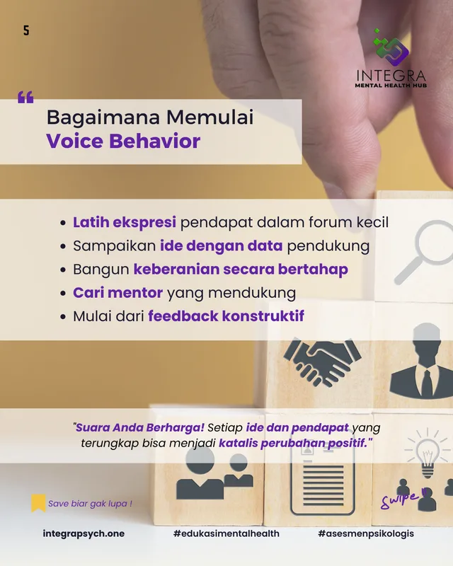 VOICE BEHAVIOR : Merupakan aspek fundamental dalam menciptakan lingkungan kerja yang sehat dan produktif. Dengan mendorong karyawan untuk secara aktif menyampaikan pendapat, ide, dan kekhawatiran secara jujur dan terbuka, organisasi dapat mencapai berbag